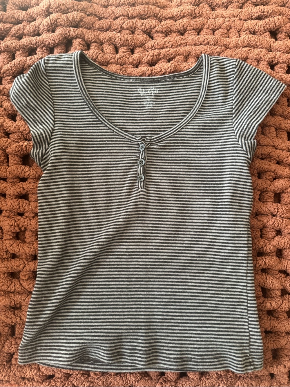 Brandy Melville Black & White Striped Scoop Henley Tee